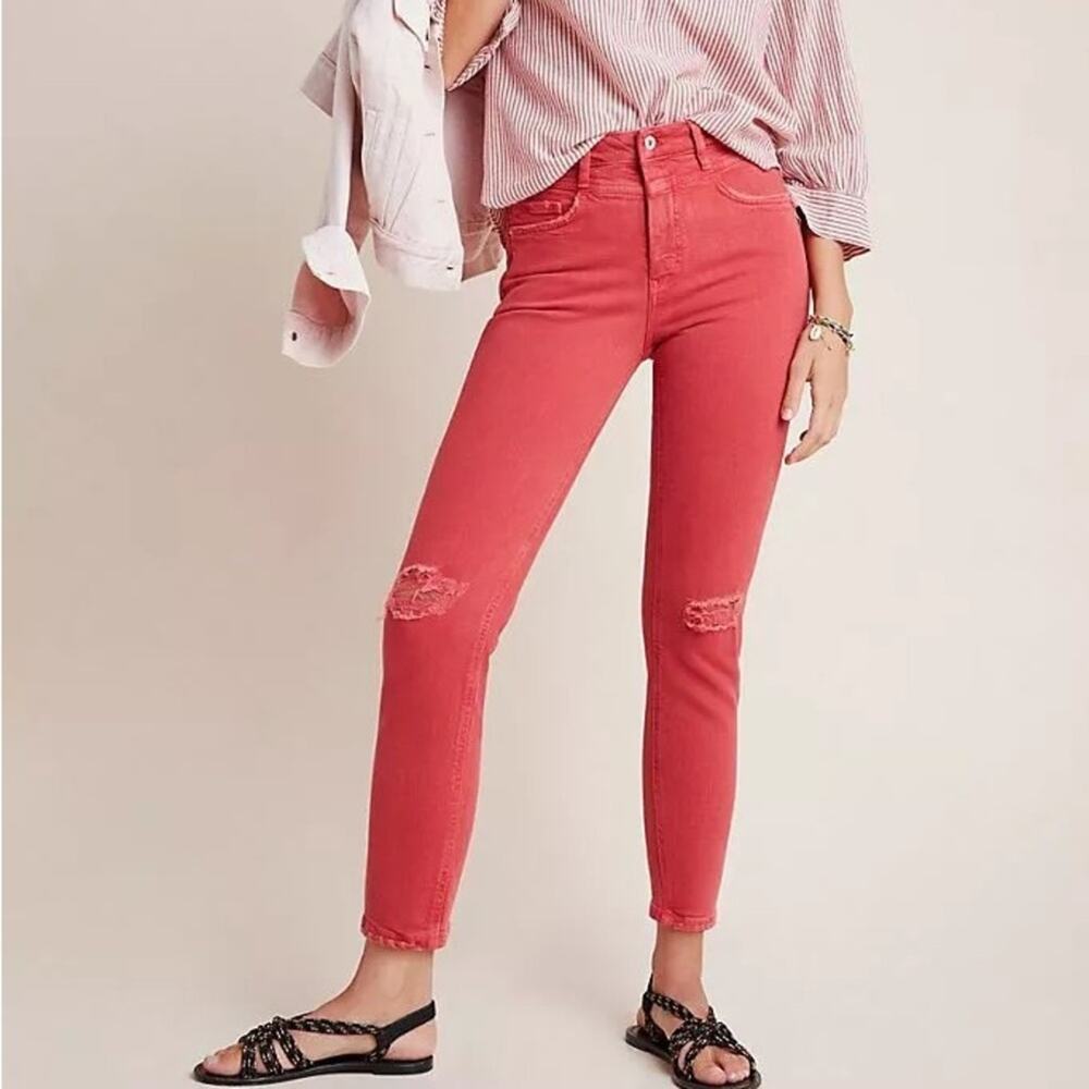 Anthropologie Pilcro Letterpress High Rise Slim Pink Distressed Jeans Size 32